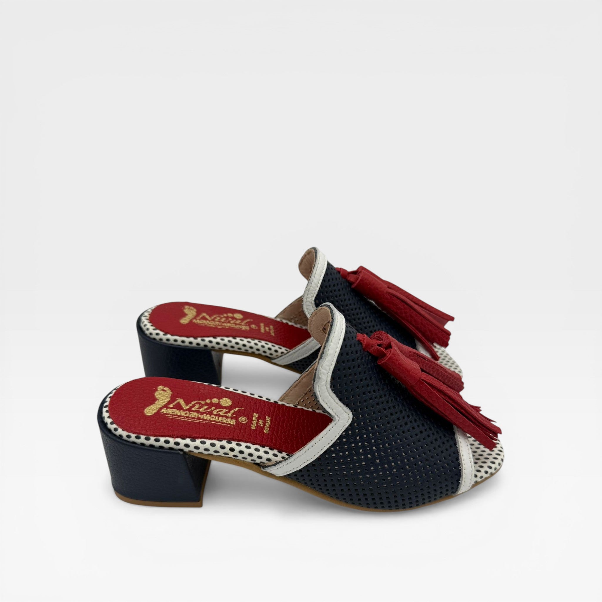 Mule azul marino con flecos rojos  - Nival