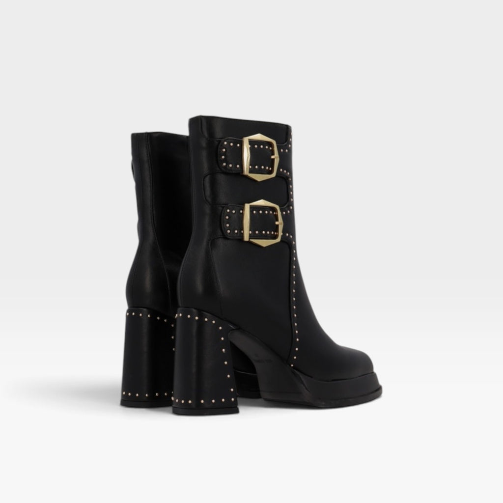 Botines plataforma con tachuelas y hebillas doradas negra - Noa Harmon