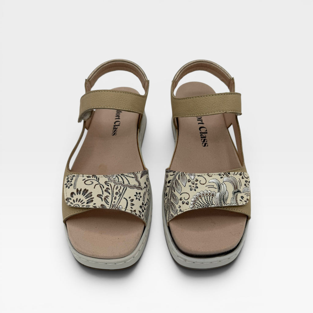 Sandalia ajustable beige flores - Comfort Class